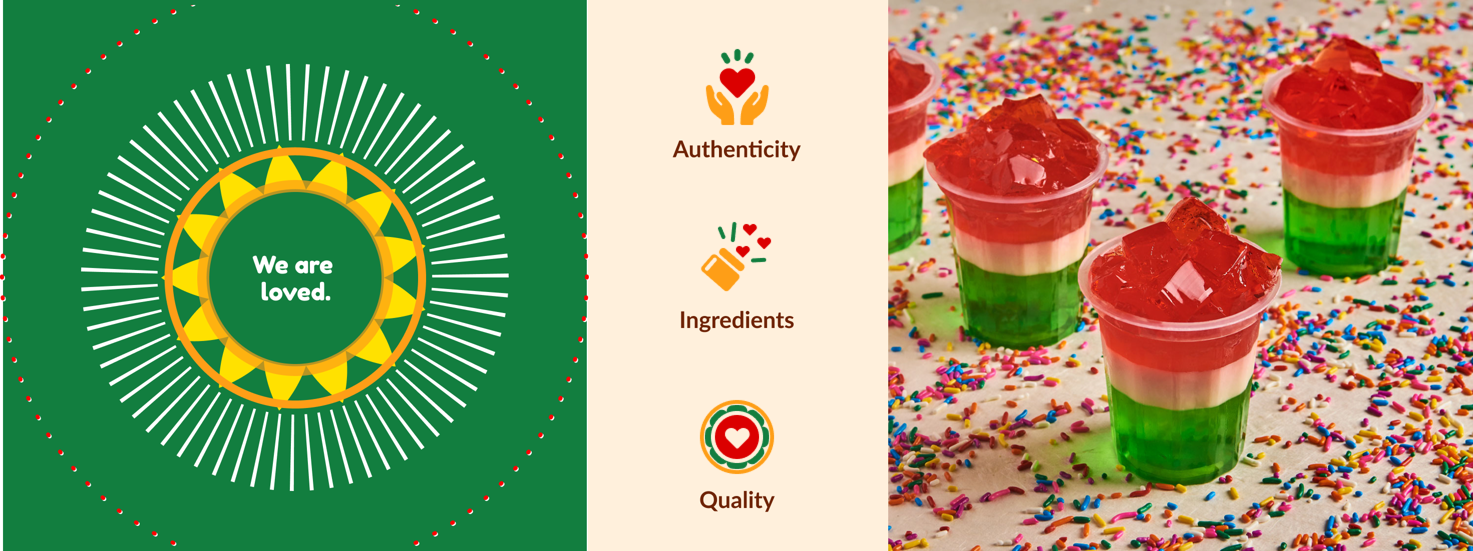 Raymundos-3 A green graphic that says "We are loved." Three icons showing authenticity, ingredients, and quality. A photograph of three-colored jello at a party.